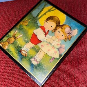 Vintage Wooden Mini Wall Hanger Art “Coy” Scene